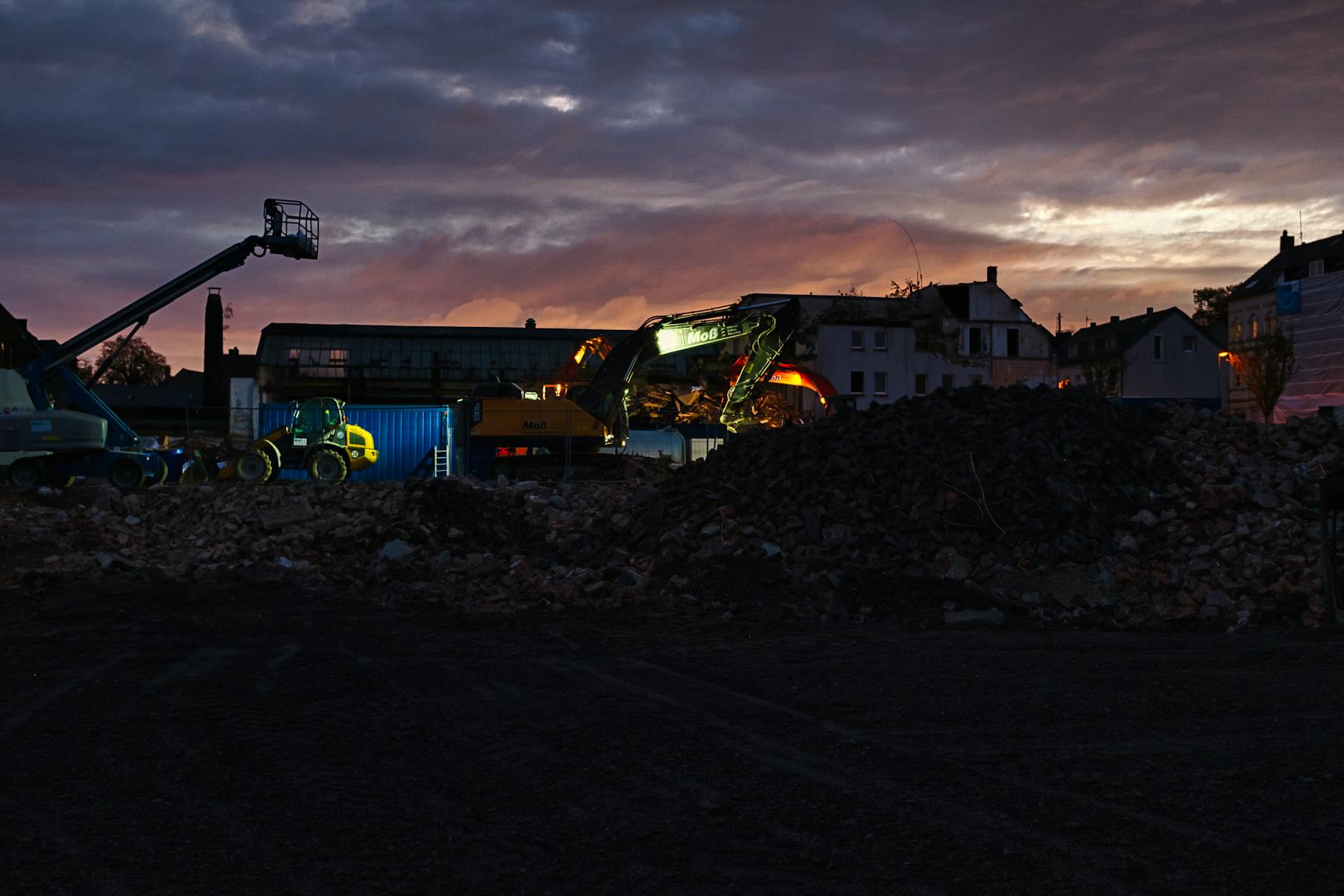 Hauling equipment working at twilight