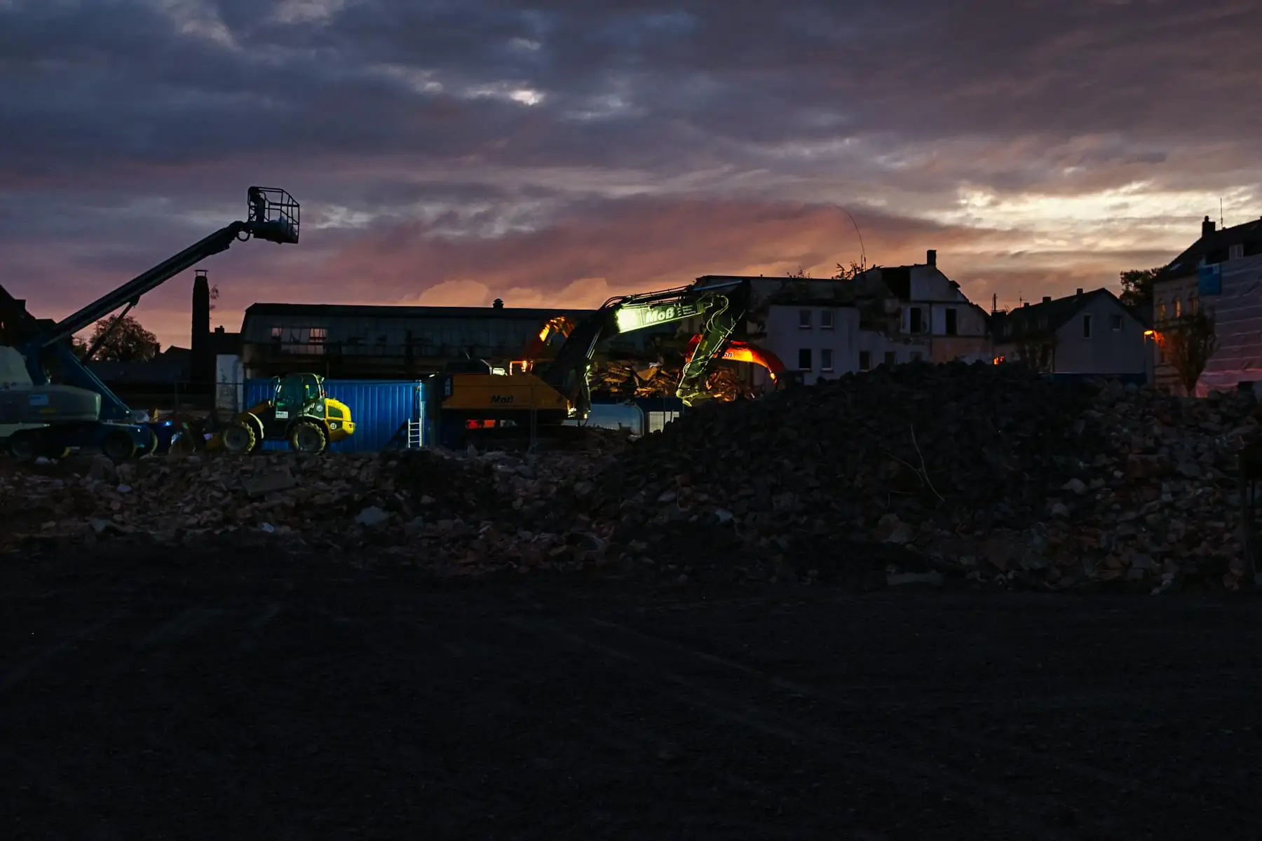 Hauling equipment working at twilight